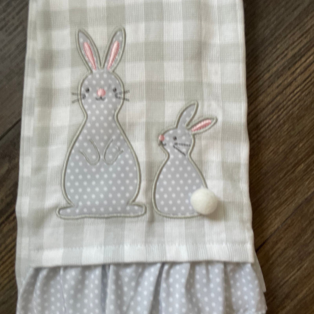 Shabby Chic Embroidered Easter Bunny Gray and White Set of 2 Kitchen Towels NWT